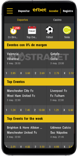 página de inicio de efbet en android